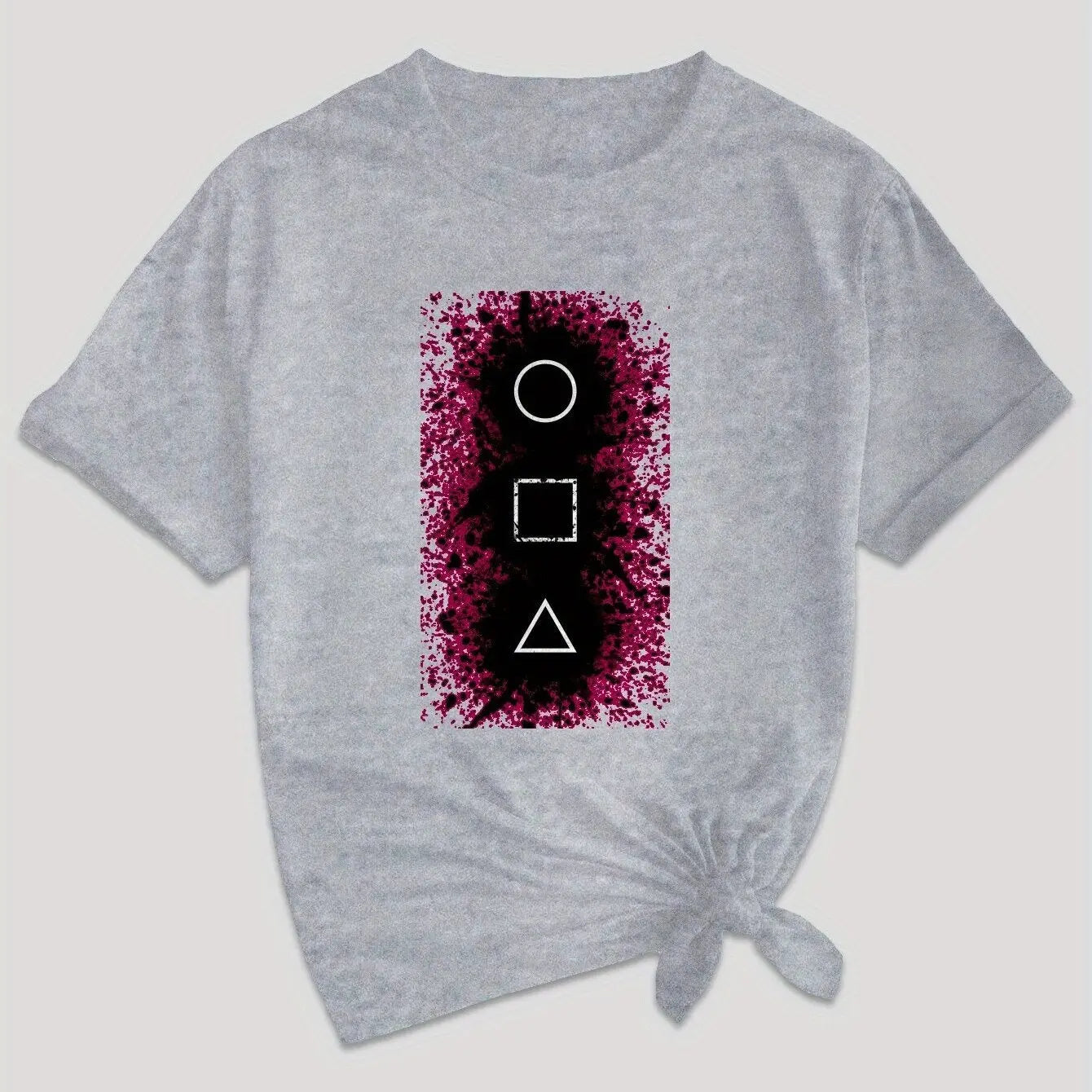 Women's Casual Graphic Tee - Squid & GAME Design, Gray Short Sleeve Crew Neck T-Shirt with Pink Geometric Print, Summer Casual Attire, Polyester Blend, Machine Washable SS69 11.69 grey / XL