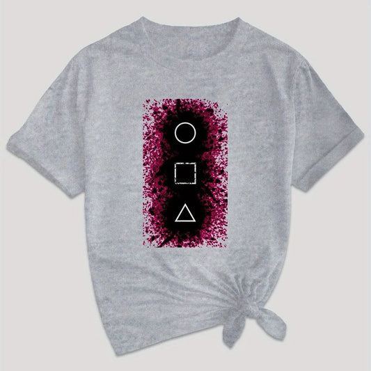 Women's Casual Graphic Tee - Squid & GAME Design, Gray Short Sleeve Crew Neck T-Shirt with Pink Geometric Print, Summer Casual Attire, Polyester Blend, Machine Washable SS69 11.69 grey / XL