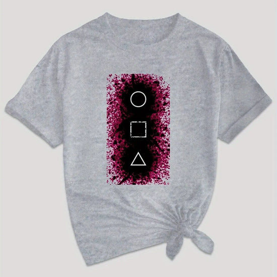 Women's Casual Graphic Tee - Squid & GAME Design, Gray Short Sleeve Crew Neck T-Shirt with Pink Geometric Print, Summer Casual Attire, Polyester Blend, Machine Washable SS69 11.69 grey / XL
