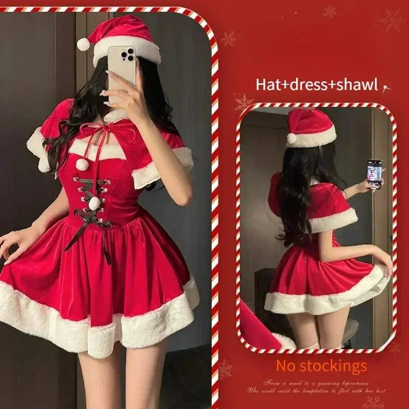 Women's Christmas Costume Short Sleeve Shawl Dress Christmas Lolita Costume Cosplay New Year Theme Stage Costume Party Dress - SS69