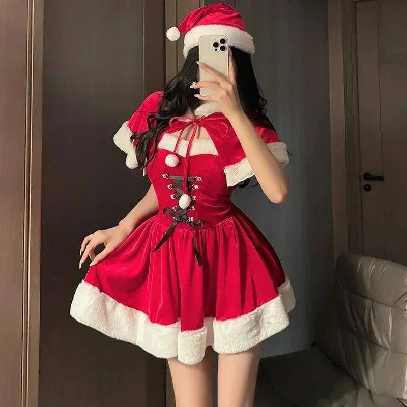 Women's Christmas Costume Short Sleeve Shawl Dress Christmas Lolita Costume Cosplay New Year Theme Stage Costume Party Dress - SS69
