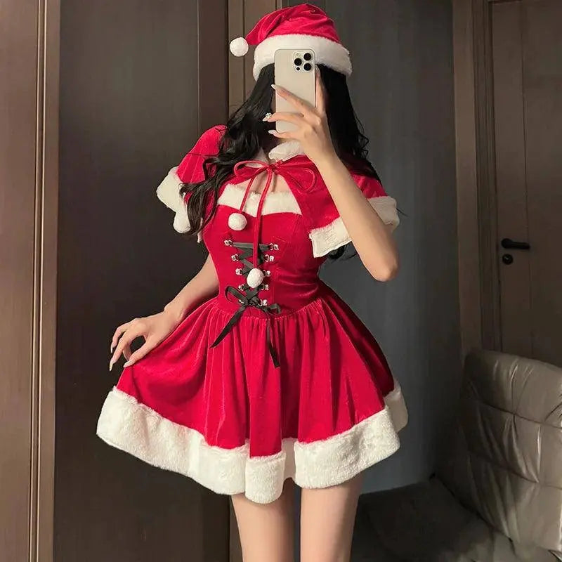 Women's Christmas Costume Short Sleeve Shawl Dress Christmas Lolita Costume Cosplay New Year Theme Stage Costume Party Dress - SS69