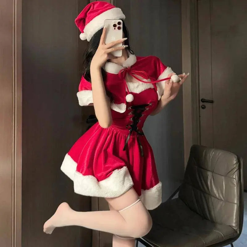 Women's Christmas Costume Short Sleeve Shawl Dress Christmas Lolita Costume Cosplay New Year Theme Stage Costume Party Dress - SS69
