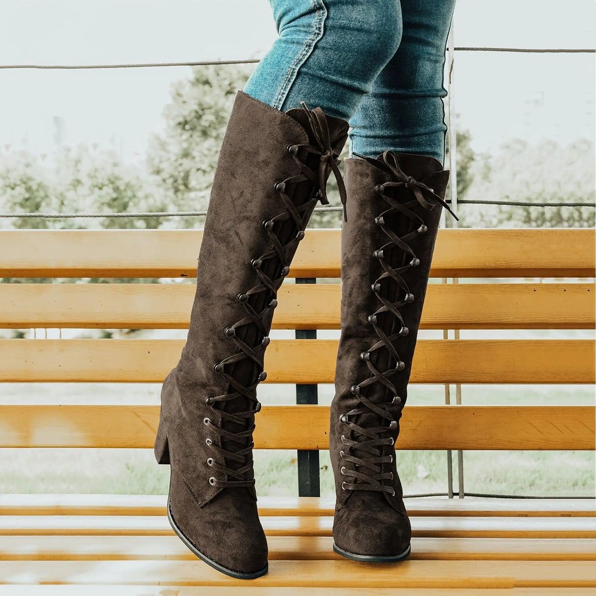 Women's Chunky Heeled Long Boots, Retro Solid Color Lace Up Knee High Boots, Casual Heeled Riding Boots - SS69