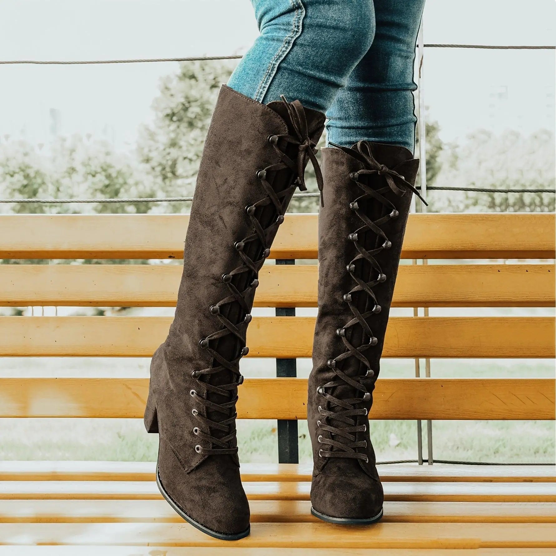 Women's Chunky Heeled Long Boots, Retro Solid Color Lace Up Knee High Boots, Casual Heeled Riding Boots - SS69