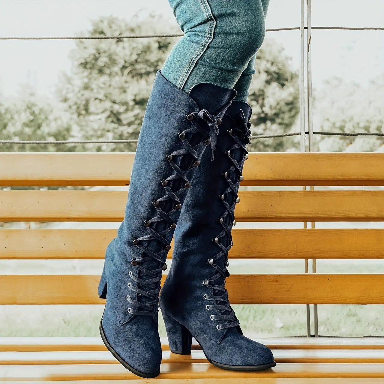 Women's Chunky Heeled Long Boots, Retro Solid Color Lace Up Knee High Boots, Casual Heeled Riding Boots - SS69