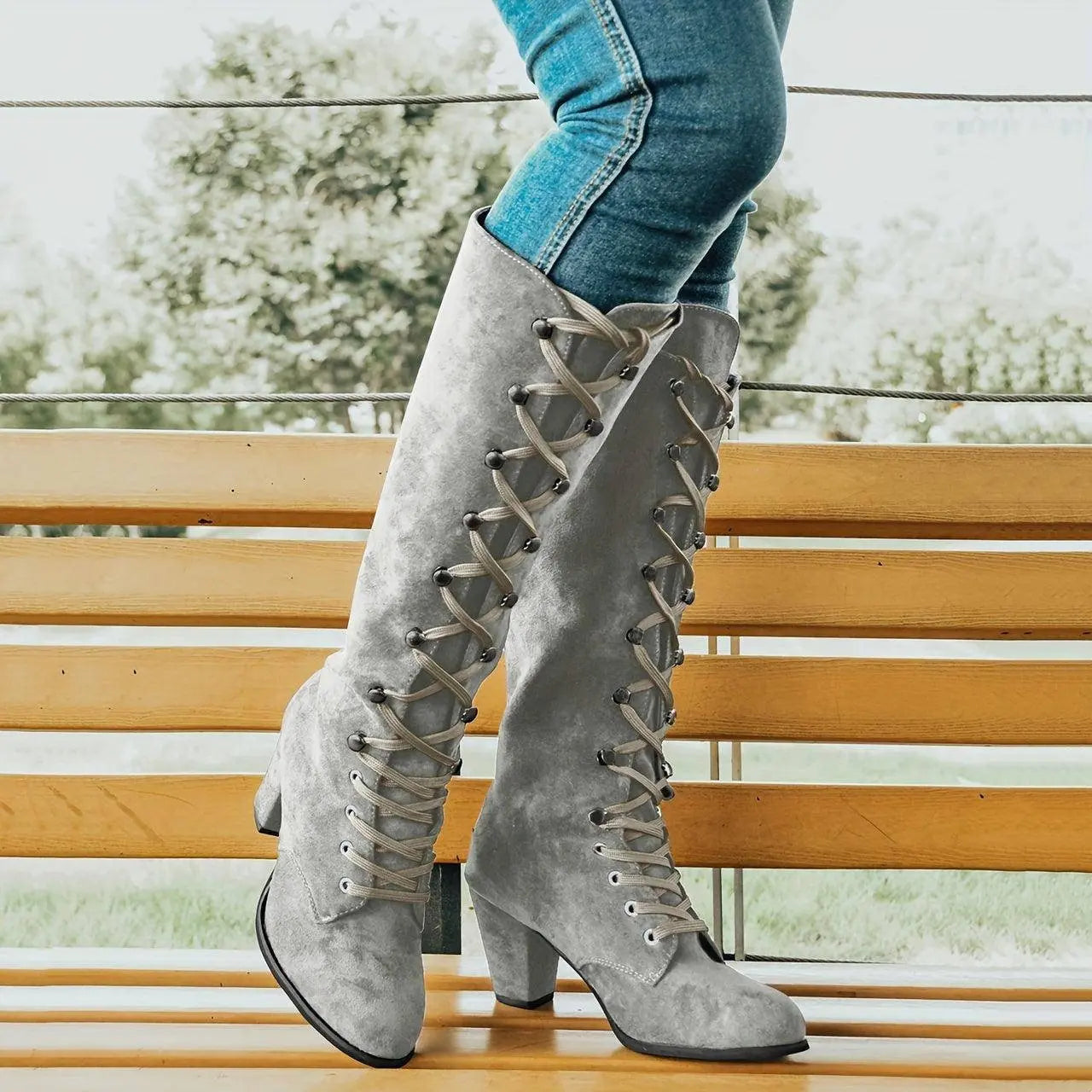 Women's Chunky Heeled Long Boots, Retro Solid Color Lace Up Knee High Boots, Casual Heeled Riding Boots SS69