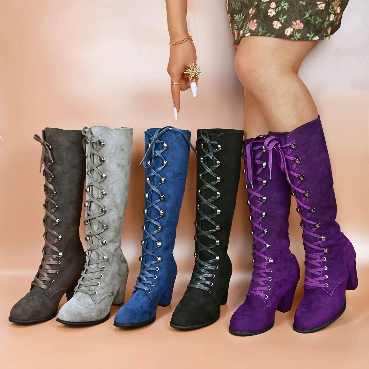 Women's Chunky Heeled Long Boots, Retro Solid Color Lace Up Knee High Boots, Casual Heeled Riding Boots SS69
