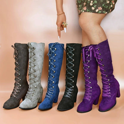 Women's Chunky Heeled Long Boots, Retro Solid Color Lace Up Knee High Boots, Casual Heeled Riding Boots SS69