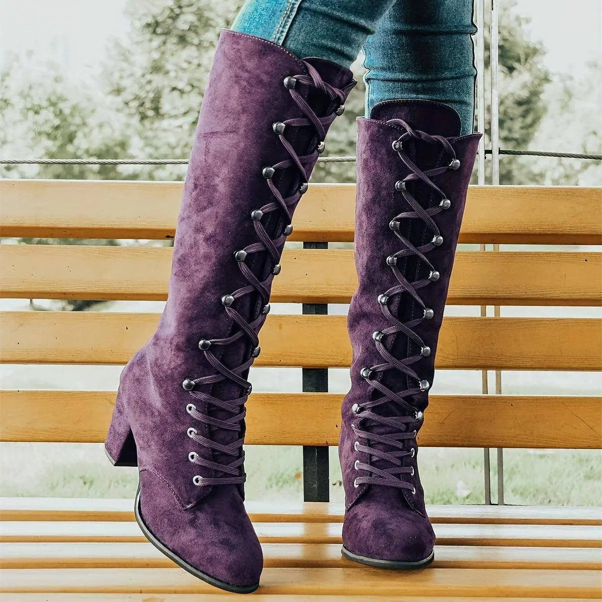 Women's Chunky Heeled Long Boots, Retro Solid Color Lace Up Knee High Boots, Casual Heeled Riding Boots SS69
