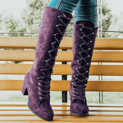Women's Chunky Heeled Long Boots, Retro Solid Color Lace Up Knee High Boots, Casual Heeled Riding Boots SS69