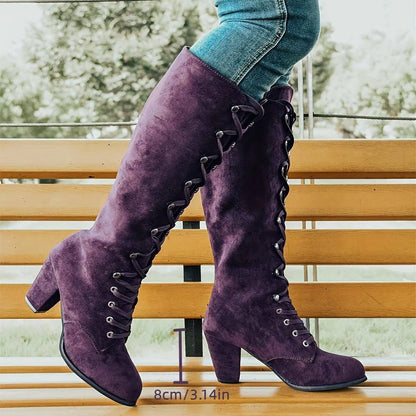 Women's Chunky Heeled Long Boots, Retro Solid Color Lace Up Knee High Boots, Casual Heeled Riding Boots SS69