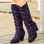 Women's Chunky Heeled Long Boots, Retro Solid Color Lace Up Knee High Boots, Casual Heeled Riding Boots SS69