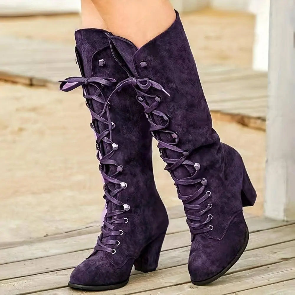Women's Chunky Heeled Long Boots, Retro Solid Color Lace Up Knee High Boots, Casual Heeled Riding Boots SS69