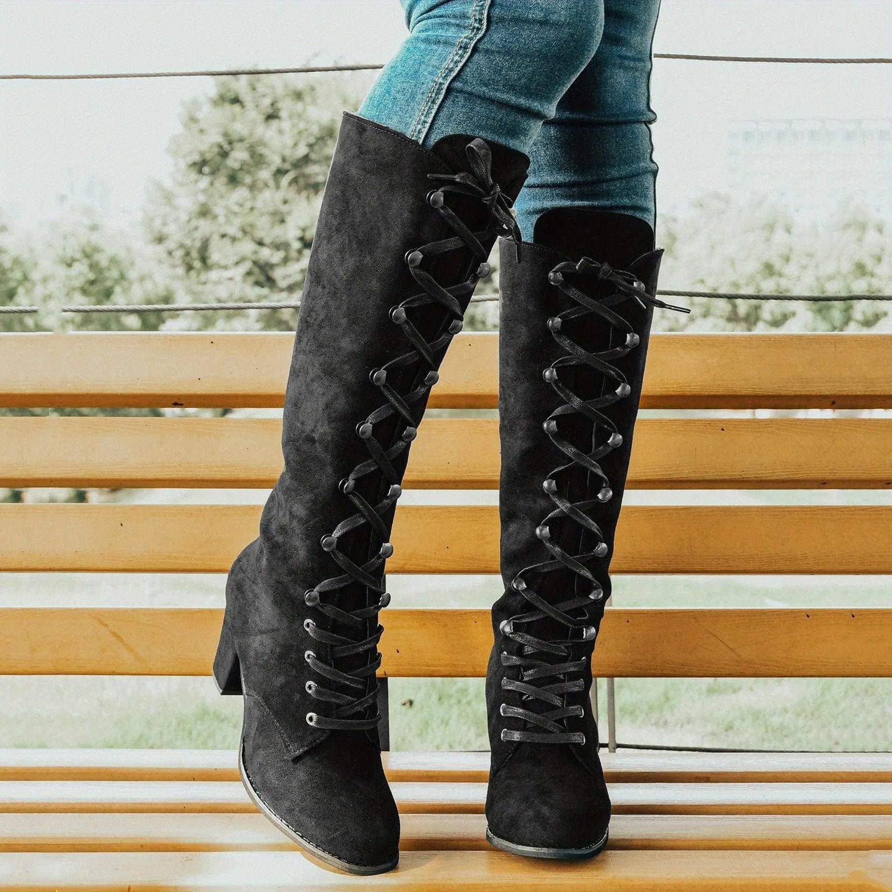 Women's Chunky Heeled Long Boots, Retro Solid Color Lace Up Knee High Boots, Casual Heeled Riding Boots SS69