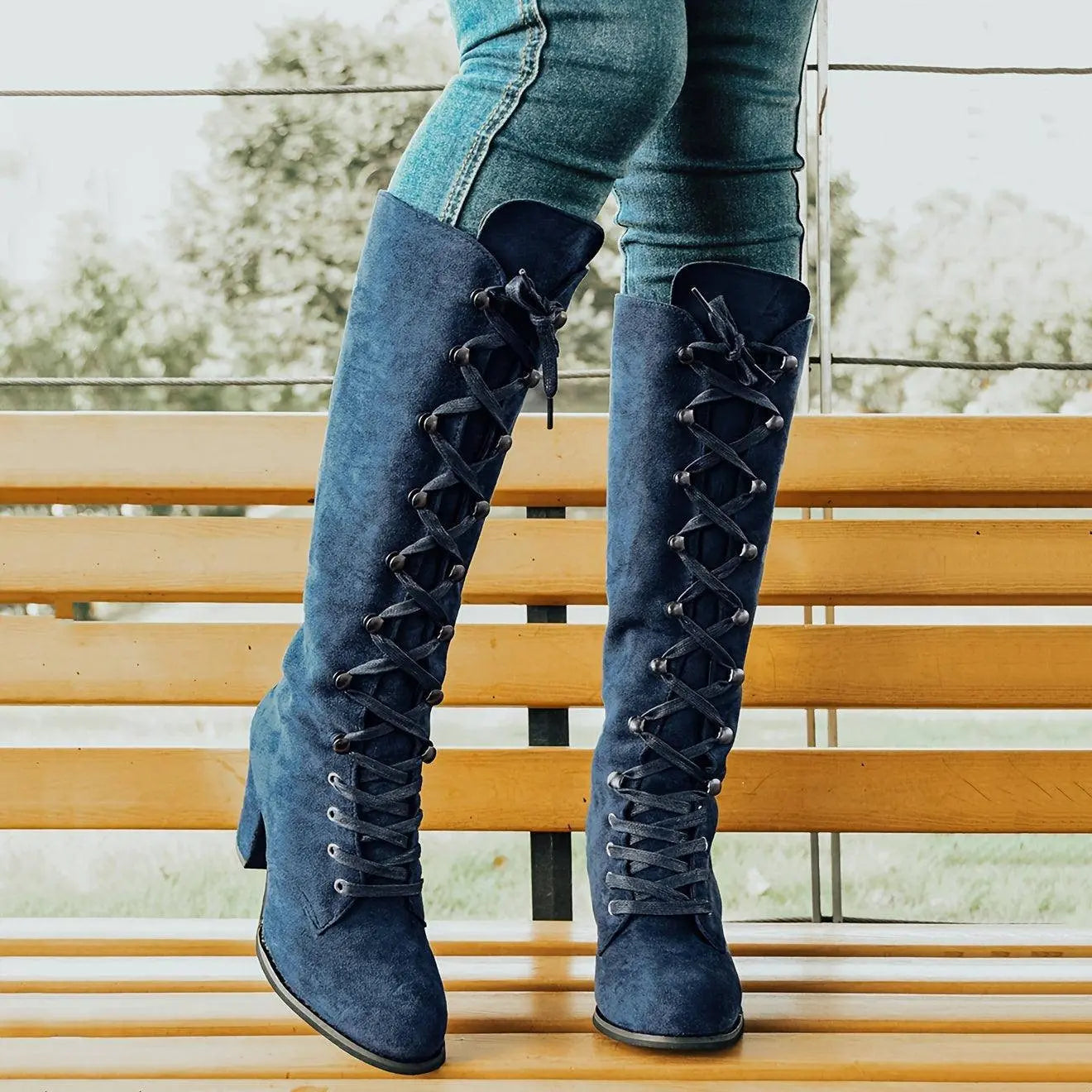 Women's Chunky Heeled Long Boots, Retro Solid Color Lace Up Knee High Boots, Casual Heeled Riding Boots SS69