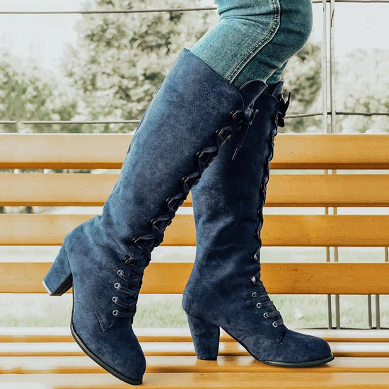 Women's Chunky Heeled Long Boots, Retro Solid Color Lace Up Knee High Boots, Casual Heeled Riding Boots SS69