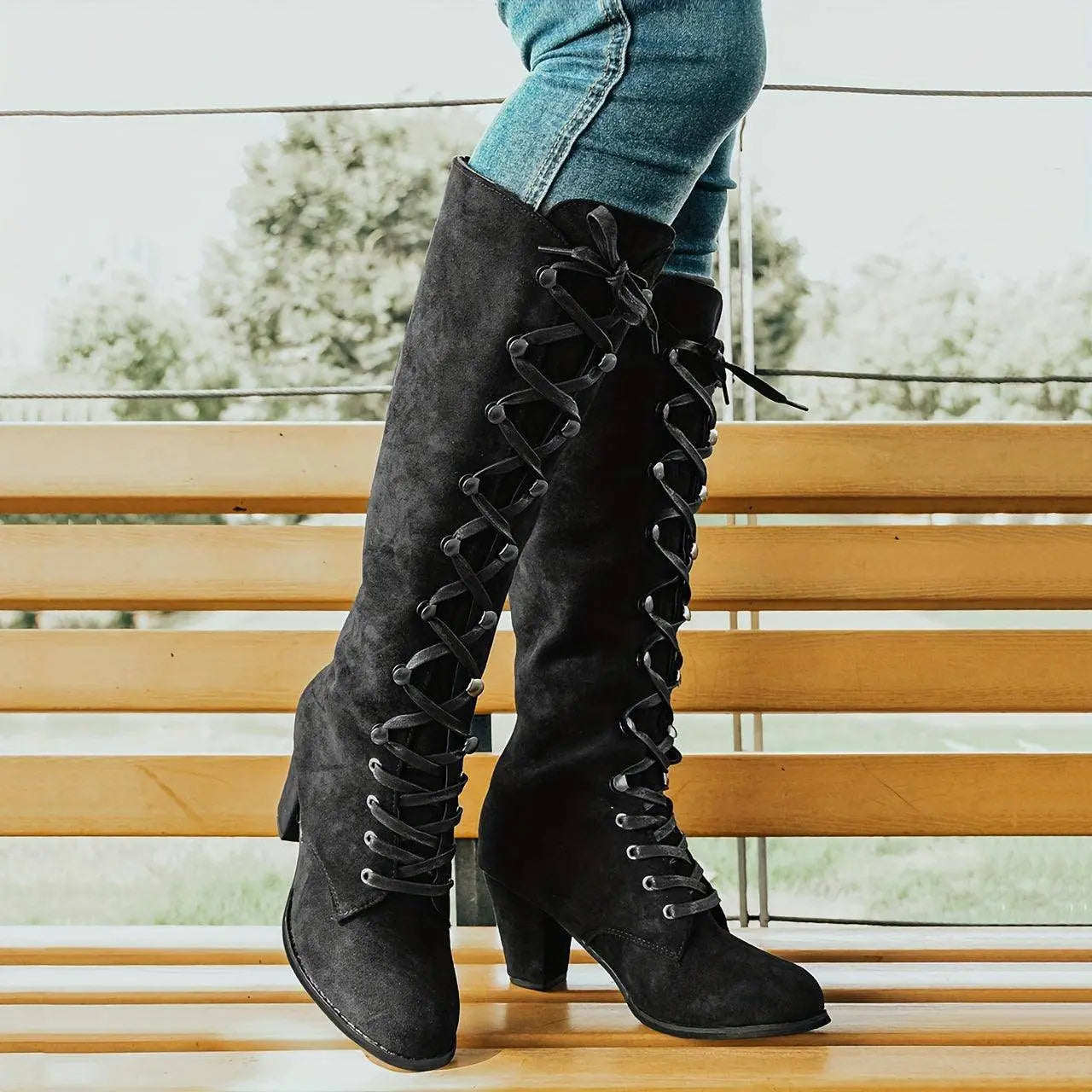 Women's Chunky Heeled Long Boots, Retro Solid Color Lace Up Knee High Boots, Casual Heeled Riding Boots SS69 36.69 Black / CN43(EU41)