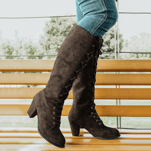 Women's Chunky Heeled Long Boots, Retro Solid Color Lace Up Knee High Boots, Casual Heeled Riding Boots SS69