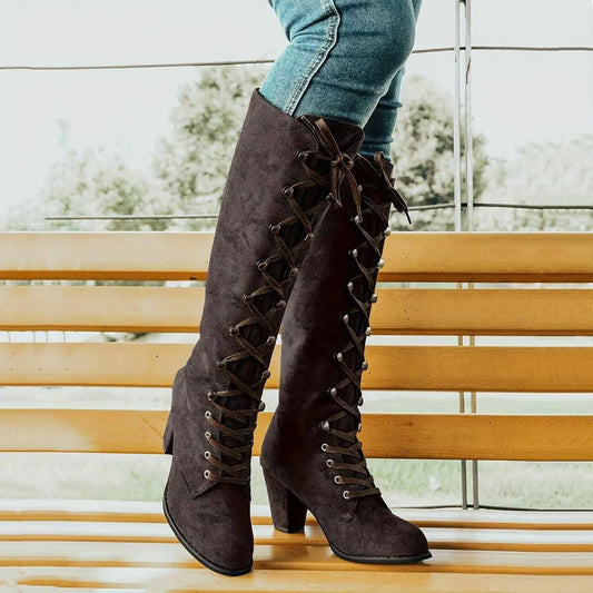 Women's Chunky Heeled Long Boots, Retro Solid Color Lace Up Knee High Boots, Casual Heeled Riding Boots SS69 34.69 Coffee color / CN43(EU41)