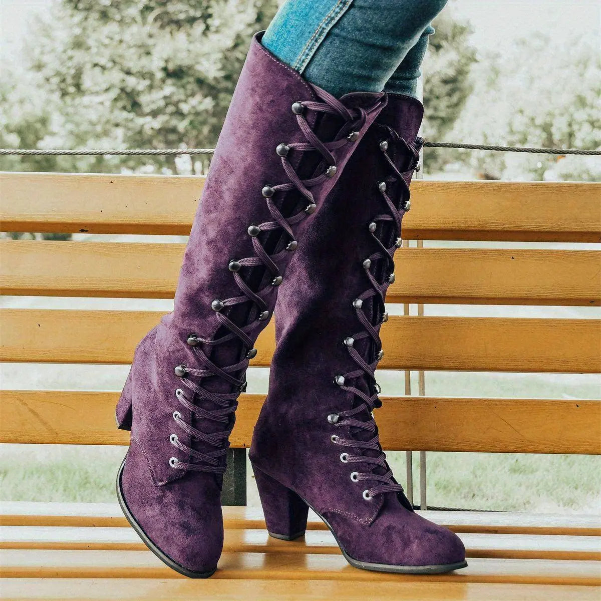 Women's Chunky Heeled Long Boots, Retro Solid Color Lace Up Knee High Boots, Casual Heeled Riding Boots SS69 27.69 Violet Blue / CN37(EU36)
