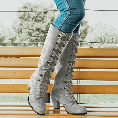 Women's Chunky Heeled Long Boots, Retro Solid Color Lace Up Knee High Boots, Casual Heeled Riding Boots SS69 28.69 grey / CN43(EU41)
