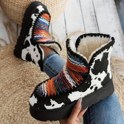 Women's Cozy Sherpa-Lined Ankle Boots, Tribal Animal Print, Western Style, Casual Slip-On Winter Footwear, Non-Slip Sole, Comfortable Insulated, Fabric Upper, TPR Sole, Random Print, Mid-Heel - SS69