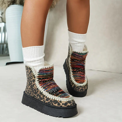 Women's Cozy Sherpa-Lined Ankle Boots, Tribal Animal Print, Western Style, Casual Slip-On Winter Footwear, Non-Slip Sole, Comfortable Insulated, Fabric Upper, TPR Sole, Random Print, Mid-Heel - SS69
