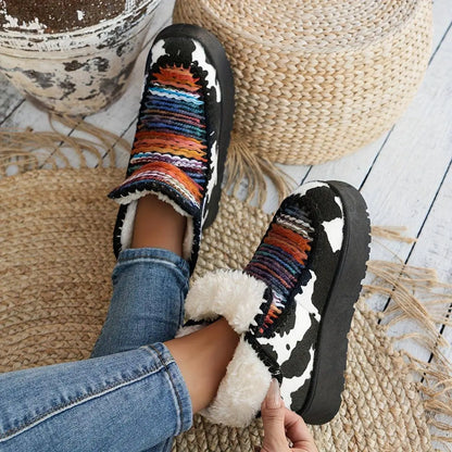 Women's Cozy Sherpa-Lined Ankle Boots, Tribal Animal Print, Western Style, Casual Slip-On Winter Footwear, Non-Slip Sole, Comfortable Insulated, Fabric Upper, TPR Sole, Random Print, Mid-Heel SS69