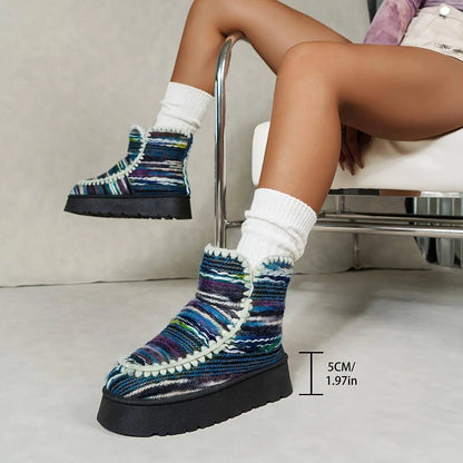 Women's Cozy Sherpa-Lined Ankle Boots, Tribal Animal Print, Western Style, Casual Slip-On Winter Footwear, Non-Slip Sole, Comfortable Insulated, Fabric Upper, TPR Sole, Random Print, Mid-Heel SS69