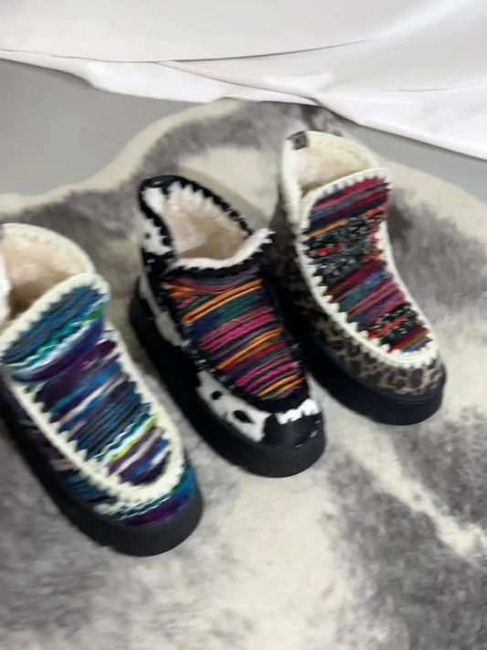 Women's Cozy Sherpa-Lined Ankle Boots, Tribal Animal Print, Western Style, Casual Slip-On Winter Footwear, Non-Slip Sole, Comfortable Insulated, Fabric Upper, TPR Sole, Random Print, Mid-Heel SS69