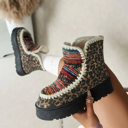 Women's Cozy Sherpa-Lined Ankle Boots, Tribal Animal Print, Western Style, Casual Slip-On Winter Footwear, Non-Slip Sole, Comfortable Insulated, Fabric Upper, TPR Sole, Random Print, Mid-Heel SS69