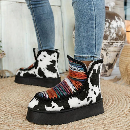 Women's Cozy Sherpa-Lined Ankle Boots, Tribal Animal Print, Western Style, Casual Slip-On Winter Footwear, Non-Slip Sole, Comfortable Insulated, Fabric Upper, TPR Sole, Random Print, Mid-Heel SS69