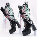 Women's Fashion Butterfly Mid Calf Boots, Trendy Personality Block High Heeled Boots, Square Toe Platform Back Zipper Boots SS69