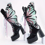 Women's Fashion Butterfly Mid Calf Boots, Trendy Personality Block High Heeled Boots, Square Toe Platform Back Zipper Boots SS69