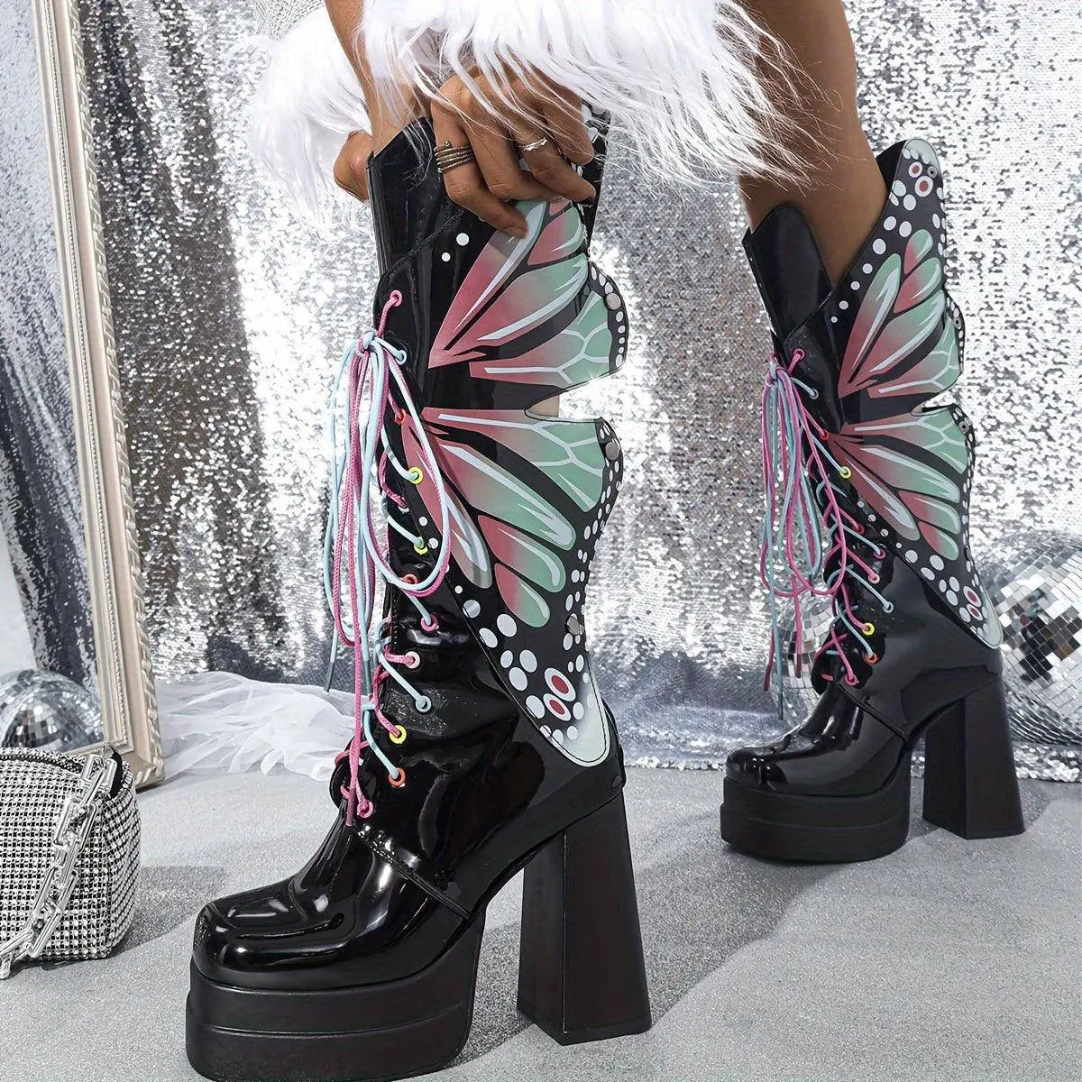 Women's Fashion Butterfly Mid Calf Boots, Trendy Personality Block High Heeled Boots, Square Toe Platform Back Zipper Boots SS69