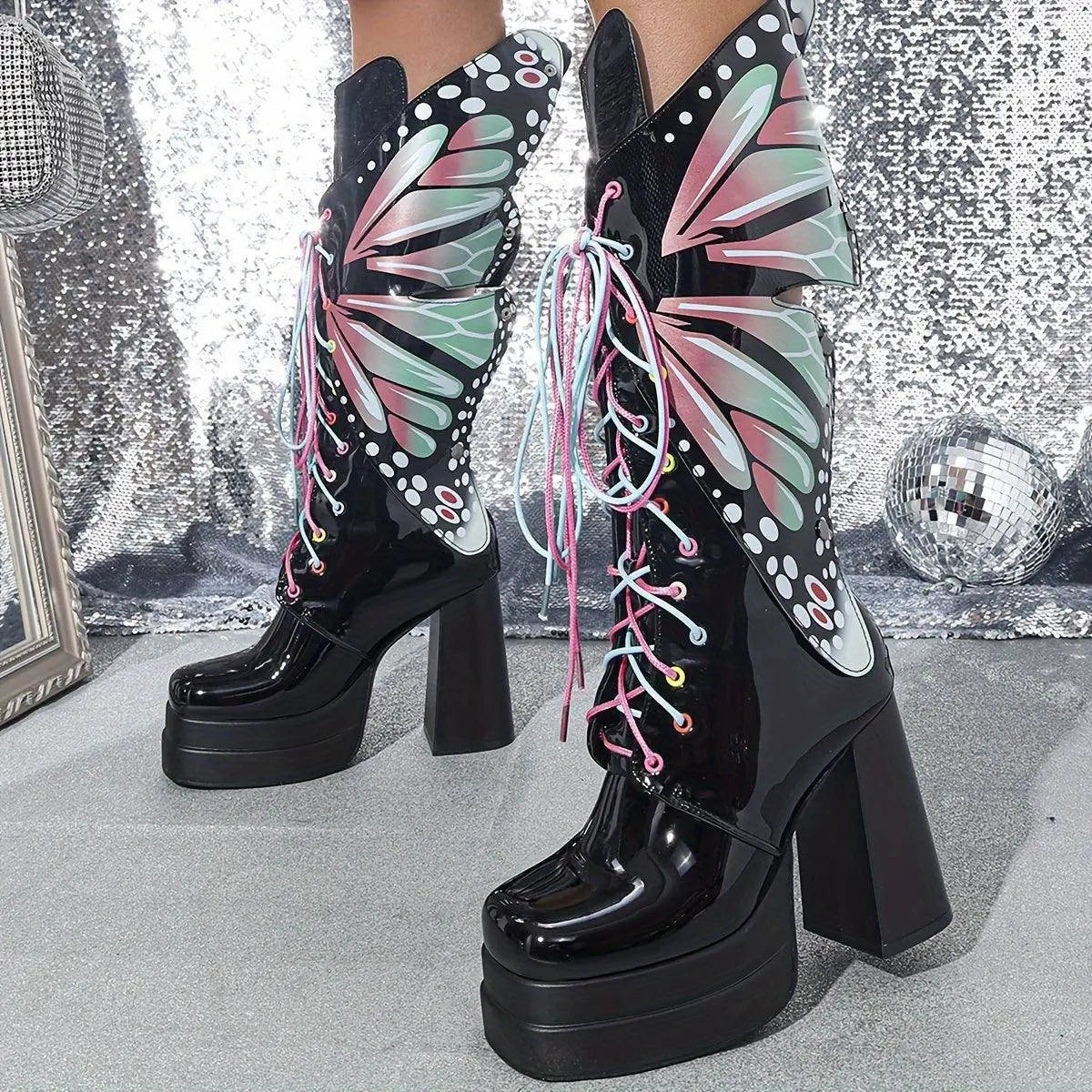 Women's Fashion Butterfly Mid Calf Boots, Trendy Personality Block High Heeled Boots, Square Toe Platform Back Zipper Boots SS69