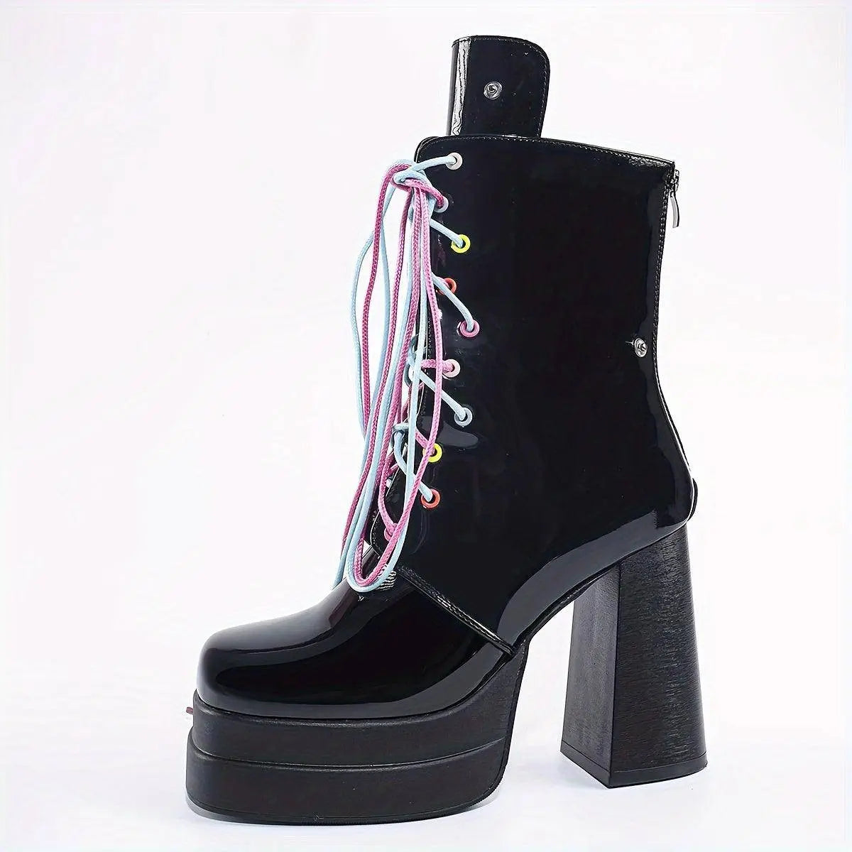 Women's Fashion Butterfly Mid Calf Boots, Trendy Personality Block High Heeled Boots, Square Toe Platform Back Zipper Boots SS69
