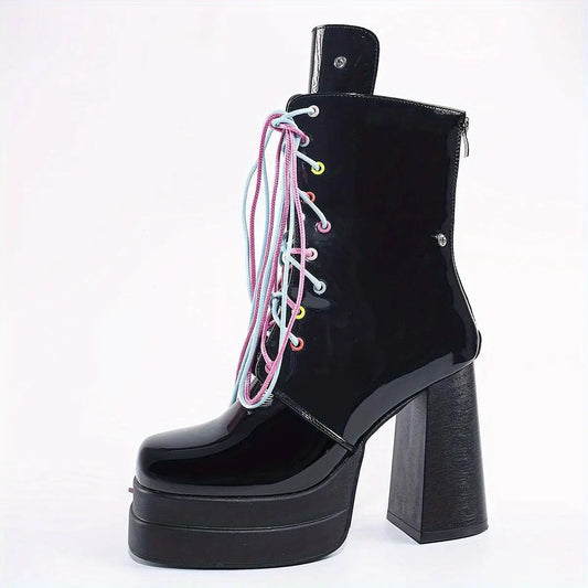 Women's Fashion Butterfly Mid Calf Boots, Trendy Personality Block High Heeled Boots, Square Toe Platform Back Zipper Boots SS69