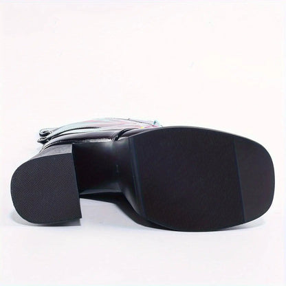 Women's Fashion Butterfly Mid Calf Boots, Trendy Personality Block High Heeled Boots, Square Toe Platform Back Zipper Boots SS69