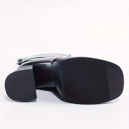 Women's Fashion Butterfly Mid Calf Boots, Trendy Personality Block High Heeled Boots, Square Toe Platform Back Zipper Boots SS69