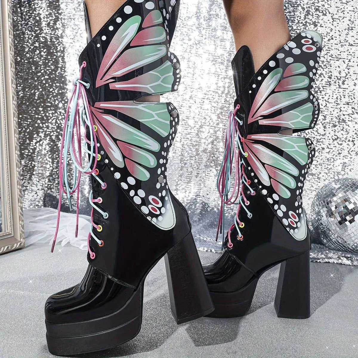 Women's Fashion Butterfly Mid Calf Boots, Trendy Personality Block High Heeled Boots, Square Toe Platform Back Zipper Boots SS69
