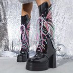 Women's Fashion Butterfly Mid Calf Boots, Trendy Personality Block High Heeled Boots, Square Toe Platform Back Zipper Boots SS69