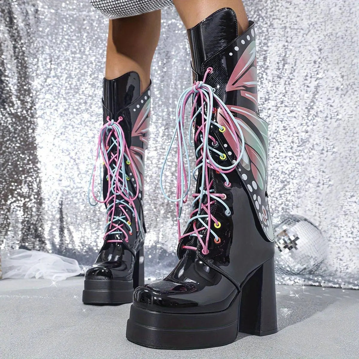 Women's Fashion Butterfly Mid Calf Boots, Trendy Personality Block High Heeled Boots, Square Toe Platform Back Zipper Boots SS69