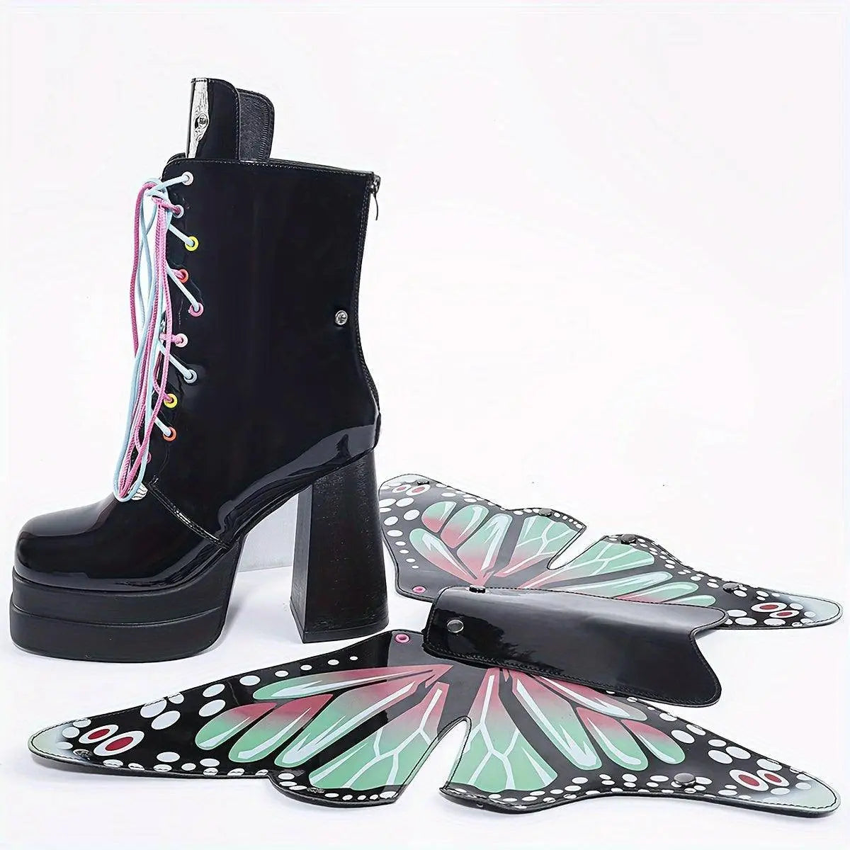 Women's Fashion Butterfly Mid Calf Boots, Trendy Personality Block High Heeled Boots, Square Toe Platform Back Zipper Boots SS69