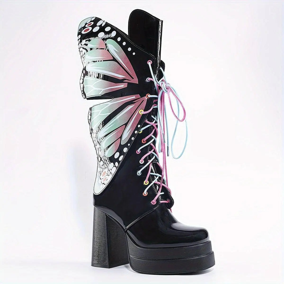 Women's Fashion Butterfly Mid Calf Boots, Trendy Personality Block High Heeled Boots, Square Toe Platform Back Zipper Boots SS69