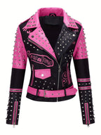 Women's Faux Leather for Moto Jacket with Rivet Detail - Casual Long Sleeve Biker Coat, Waterproof, Zip-Up, Perfect for Spring/Fall SS69