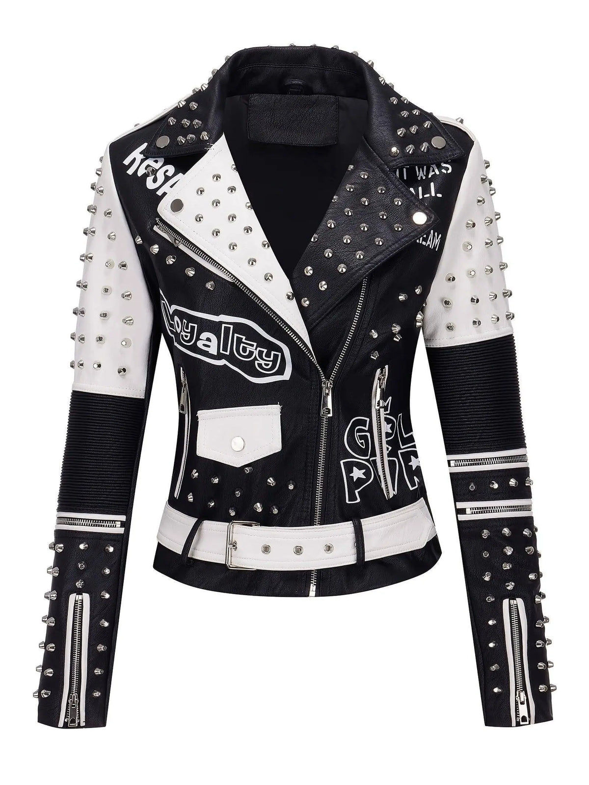 Women's Faux Leather for Moto Jacket with Rivet Detail - Casual Long Sleeve Biker Coat, Waterproof, Zip-Up, Perfect for Spring/Fall SS69