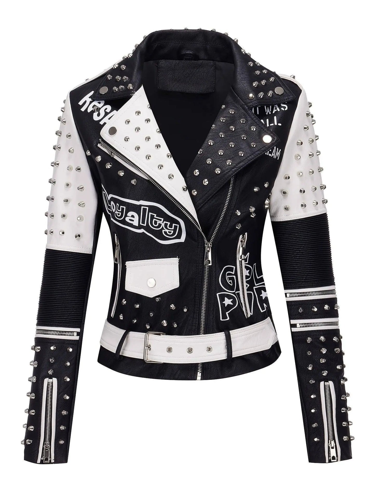 Women's Faux Leather for Moto Jacket with Rivet Detail - Casual Long Sleeve Biker Coat, Waterproof, Zip-Up, Perfect for Spring/Fall SS69