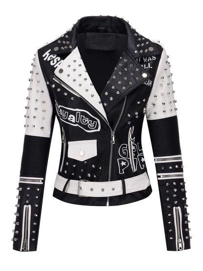 Women's Faux Leather for Moto Jacket with Rivet Detail - Casual Long Sleeve Biker Coat, Waterproof, Zip-Up, Perfect for Spring/Fall SS69